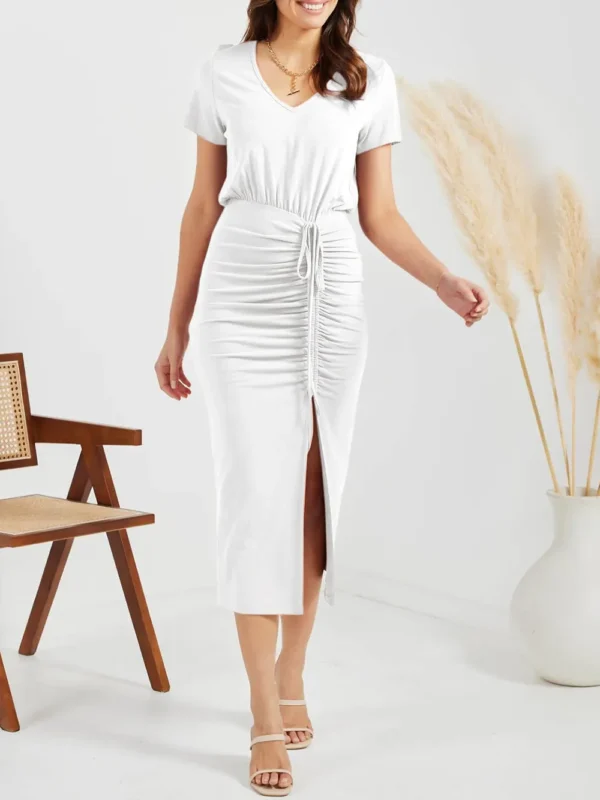 Ruched Slit V-Neck Short Sleeve Dress - Image 4