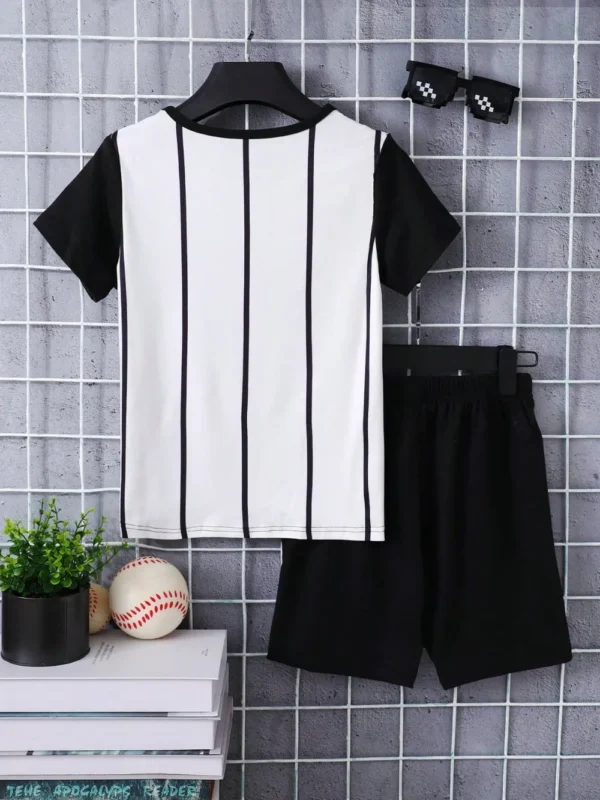 Children's Round Neck Contrast Striped T-Shirt and Shorts Set - Image 2