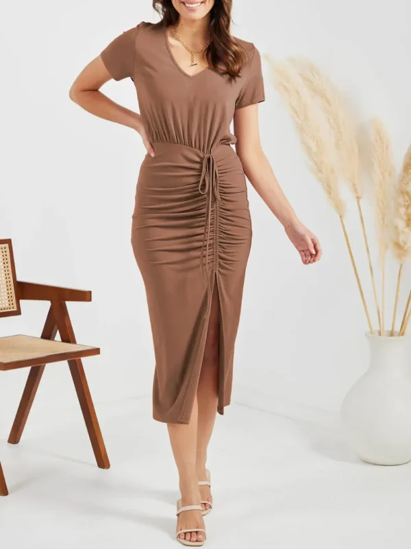 Ruched Slit V-Neck Short Sleeve Dress - Image 12