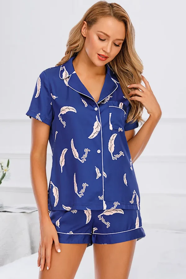 Printed Button Up Short Sleeve Top and Shorts Lounge Set - Image 12