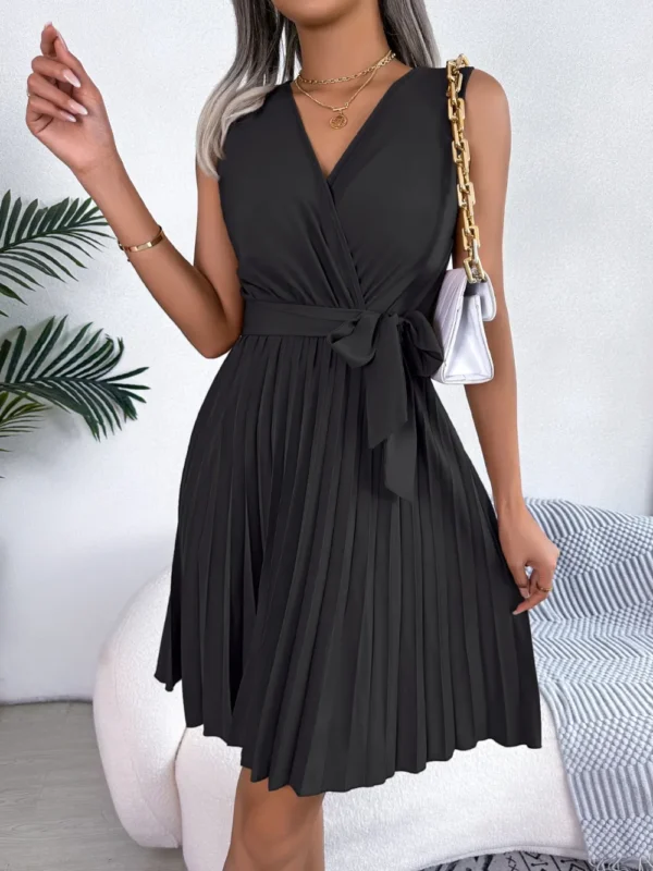 Tied Surplice Sleeveless Pleated Dress - Image 4