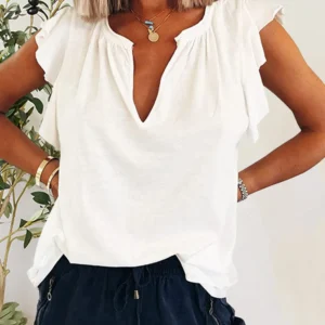 Ruffled Notched Cap Sleeve T-Shirt