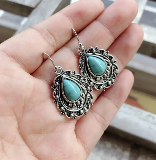 Artificial Turquoise Alloy Teardrop Dangle Earrings - Image 2