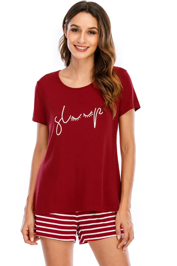 Graphic Round Neck Top and Striped Shorts Lounge Set - Image 3