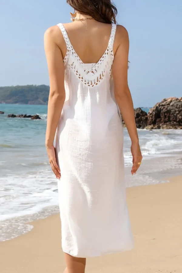 White camisole beach skirt with hollowed out woven hook and flower pattern split long skirt - Image 2
