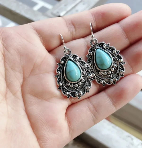 Artificial Turquoise Alloy Teardrop Dangle Earrings - Image 3