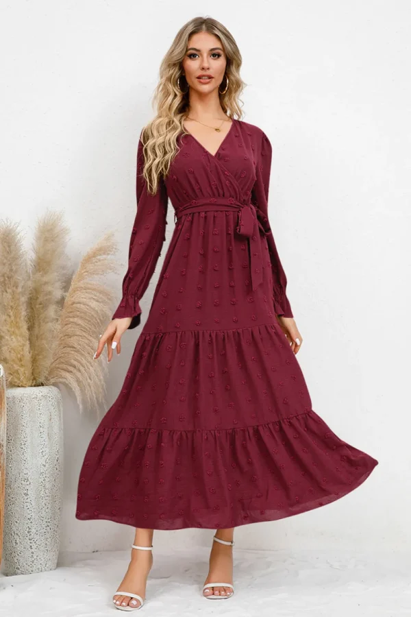 Swiss Dot Tied Surplice Flounce Sleeve Dress - Image 6