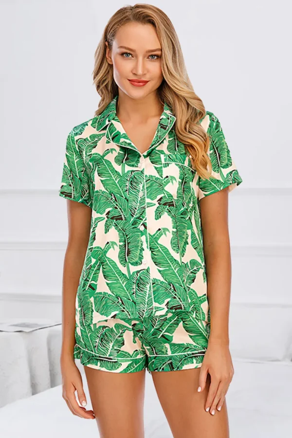 Printed Button Up Short Sleeve Top and Shorts Lounge Set - Image 9