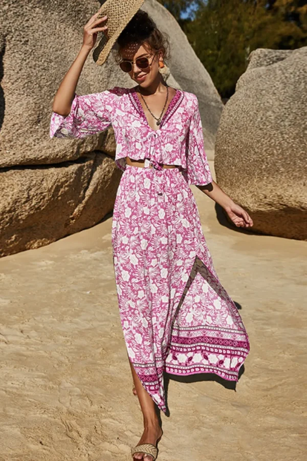Printed Half Sleeve Top and Slit Skirt Set - Image 24
