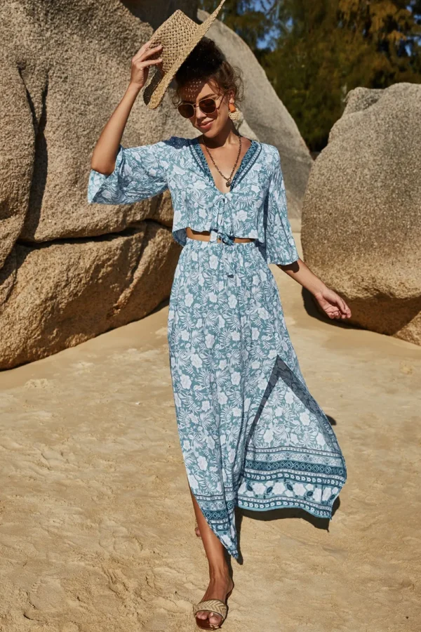 Printed Half Sleeve Top and Slit Skirt Set - Image 20