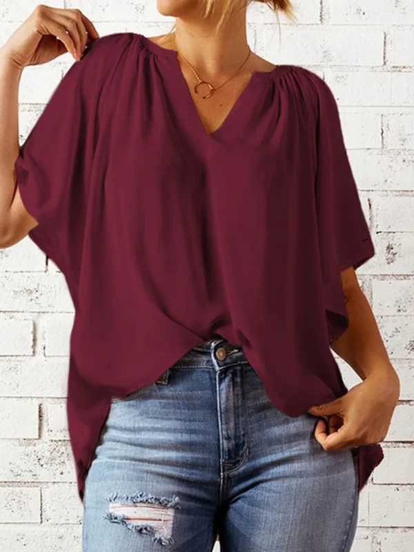 Ruched Notched Half Sleeve Blouse - Image 8