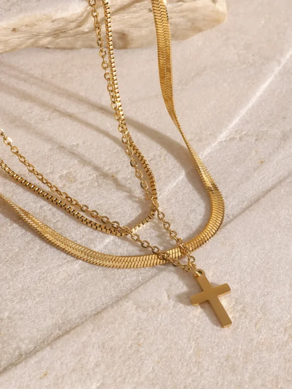 18K Gold-Plated Three-Layered Cross Necklace - Image 2