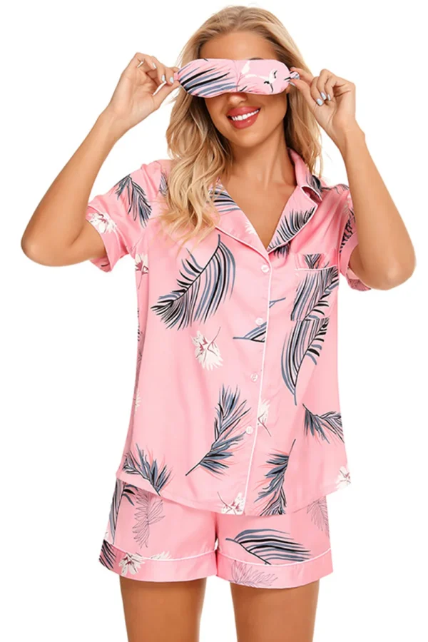 Printed Button Up Short Sleeve Top and Shorts Lounge Set - Image 4