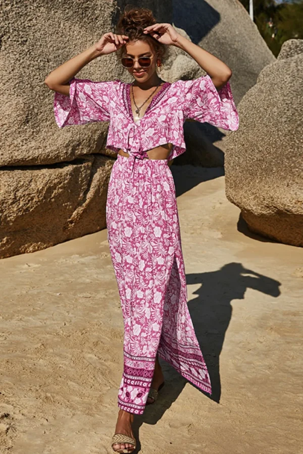 Printed Half Sleeve Top and Slit Skirt Set - Image 25