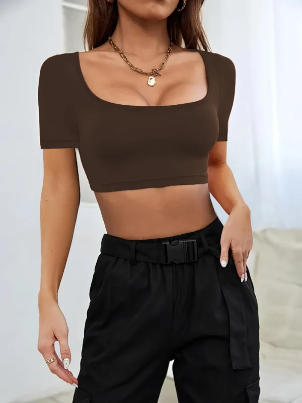 Sports and leisure women's short knitted high elasticity T-shirt top - Image 10