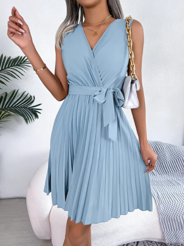 Tied Surplice Sleeveless Pleated Dress - Image 10