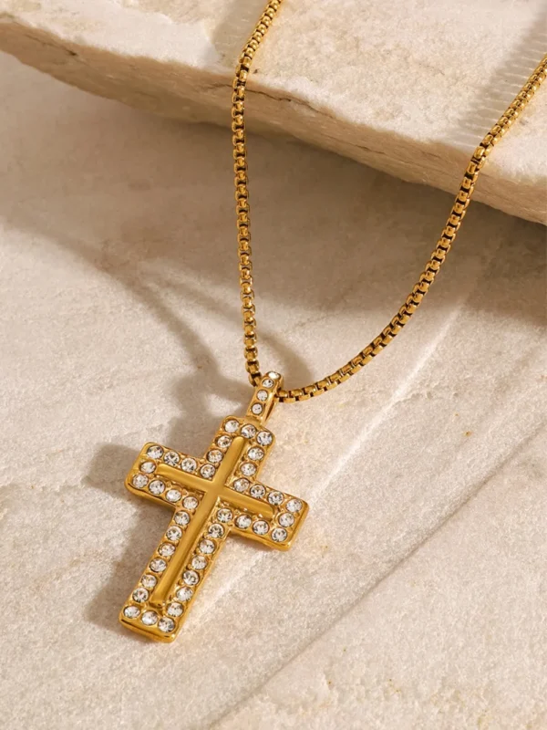 18K Gold-Plated Inlaid Zircon Cross Necklace - Image 3