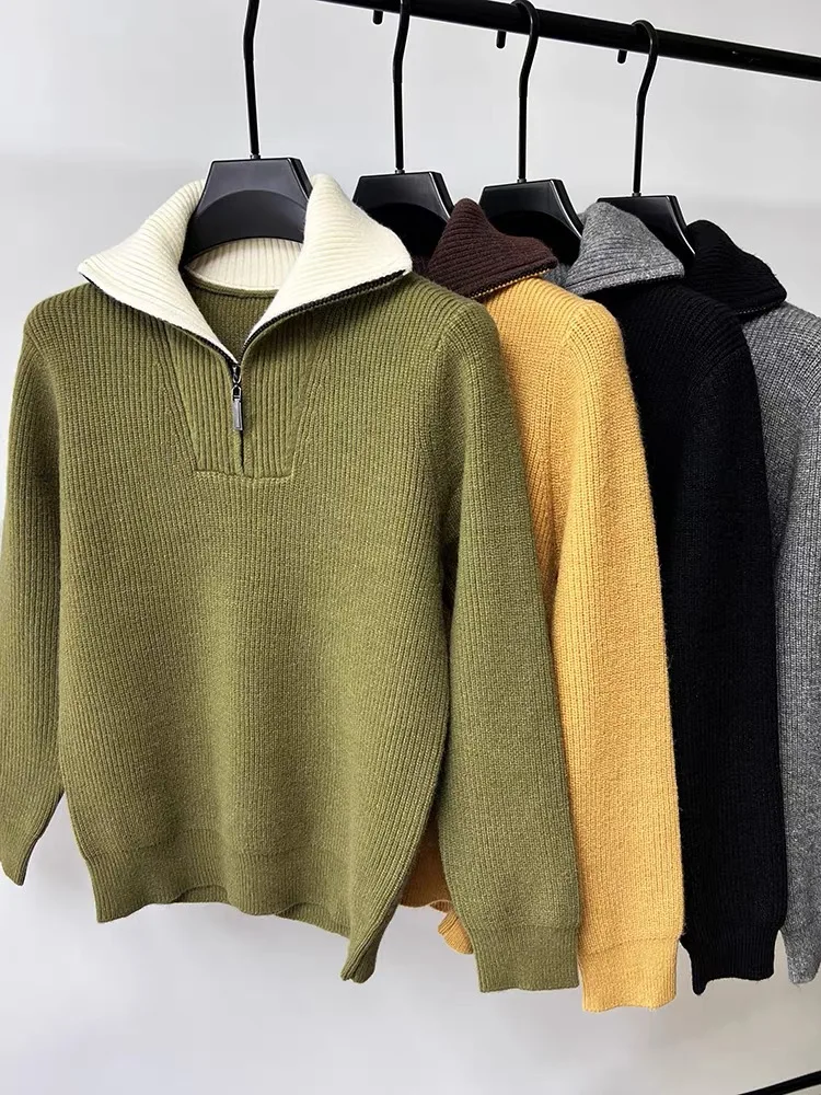 High end brand trend men half zip sweater 2023 autumn winter new casual fashion thickened solid color high neck knitted pullover - Image 2