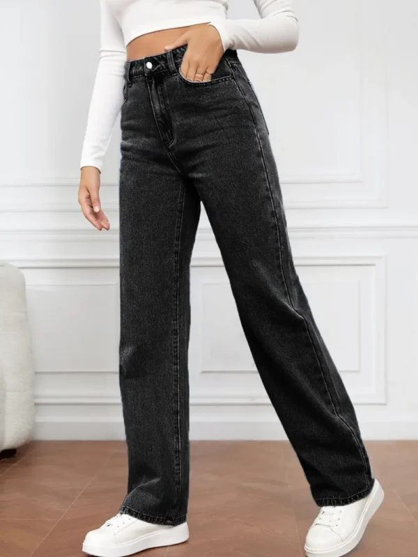 Washed denim fashionable straight leg pants long high waisted jeans pants for women - Image 8