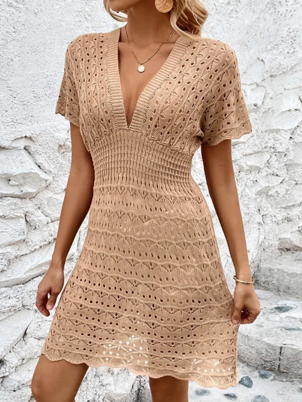 Beach skirt ripple hollow out dress deep V elastic waist - Image 15