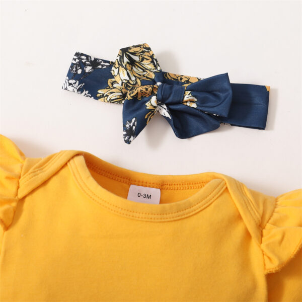 3Pcs Clothes Set Baby Girl Plain Color Ruffle Short Sleeves Bodysuit+Floral Short+Headband Lovely Summer Costume for 0-18 Months - Image 2