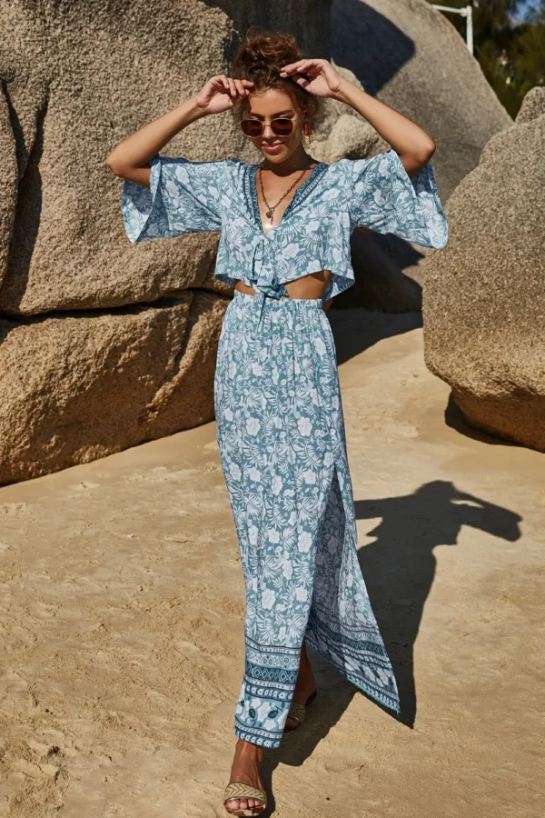 Printed Half Sleeve Top and Slit Skirt Set - Image 19