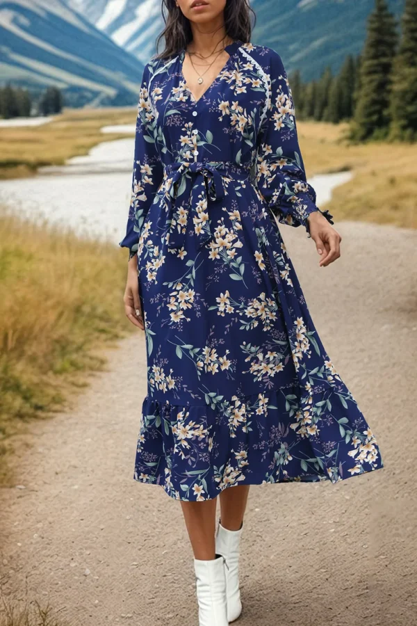 Perfee Printed Notched Lantern Sleeve Midi Dress - Image 3