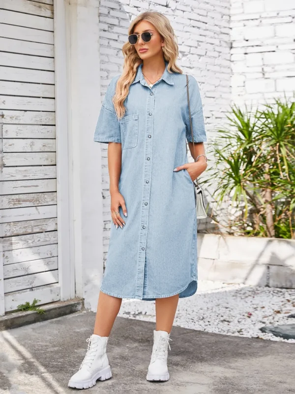 Button Up Dropped Shoulder Denim Dress - Image 3