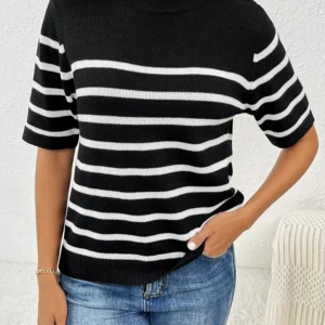 Striped Round Neck Half Sleeve Knit Top