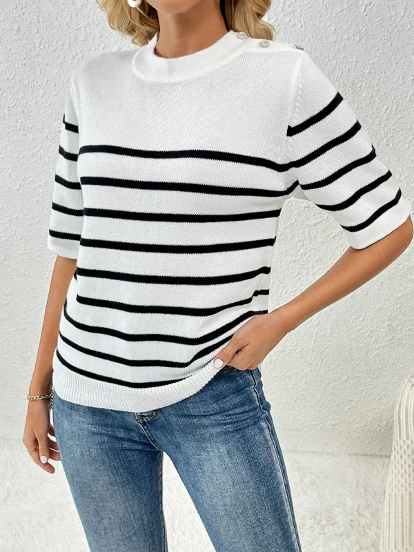 Striped Round Neck Half Sleeve Knit Top - Image 7
