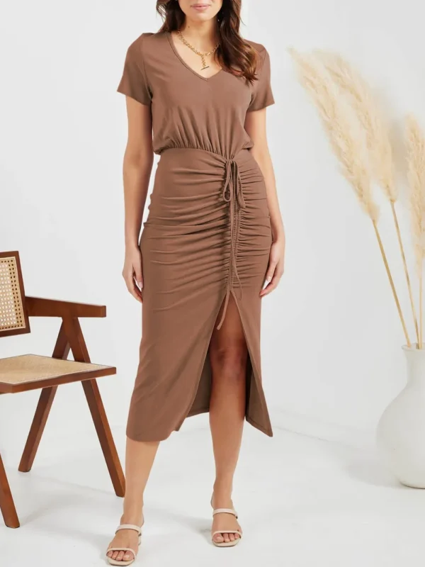 Ruched Slit V-Neck Short Sleeve Dress - Image 14
