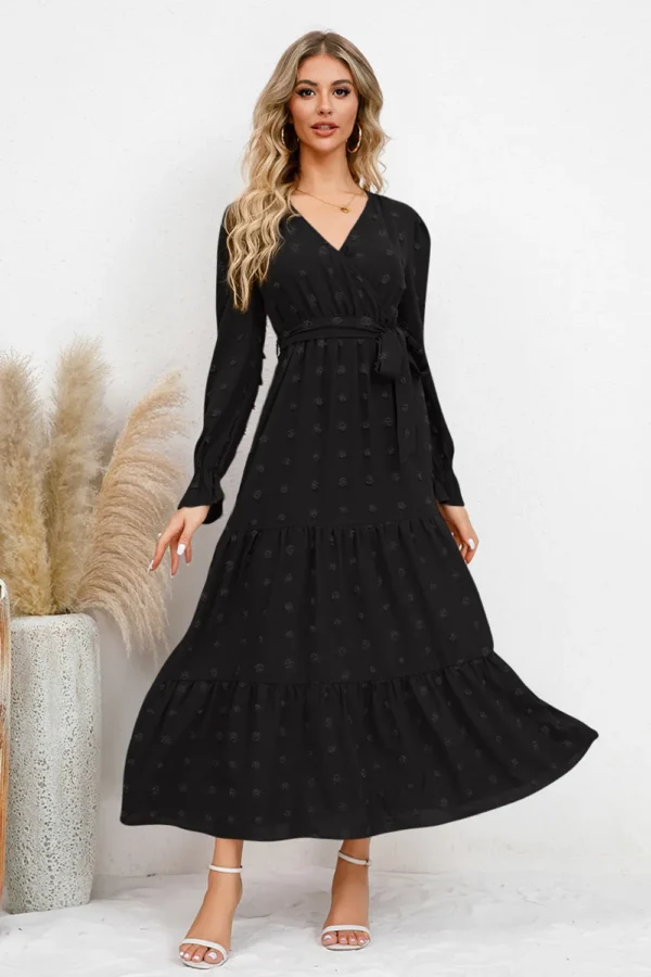 Swiss Dot Tied Surplice Flounce Sleeve Dress - Image 12