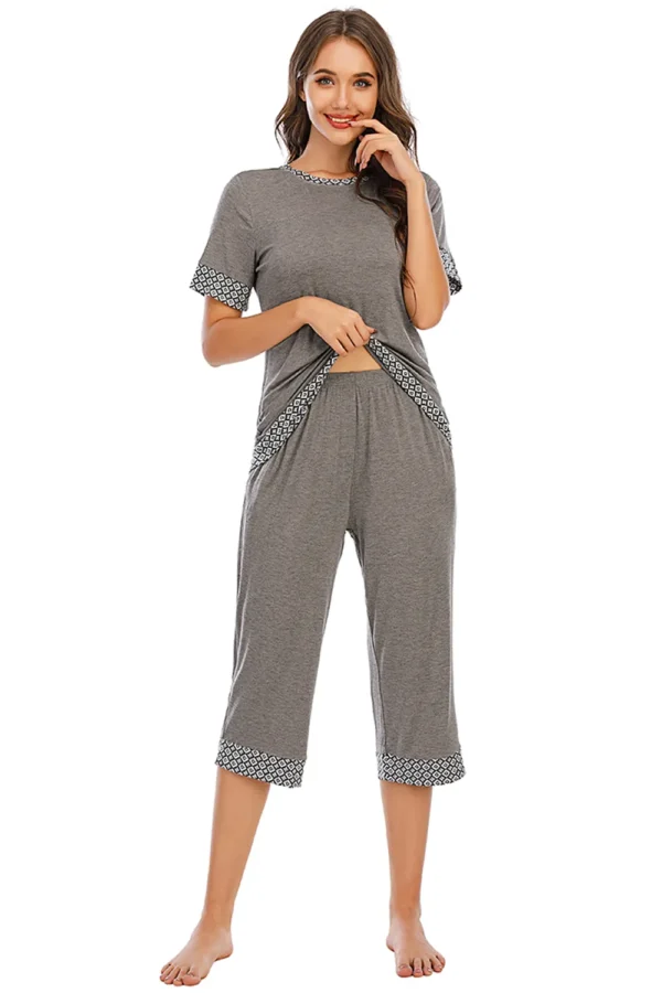 Round Neck Short Sleeve Top and Capris Pants Lounge Set - Image 4