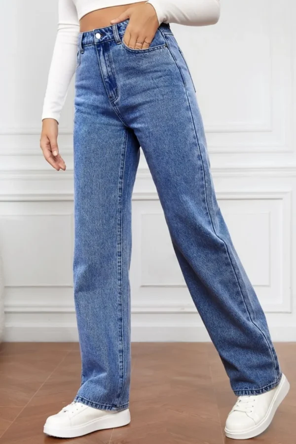 Washed denim fashionable straight leg pants long high waisted jeans pants for women - Image 2