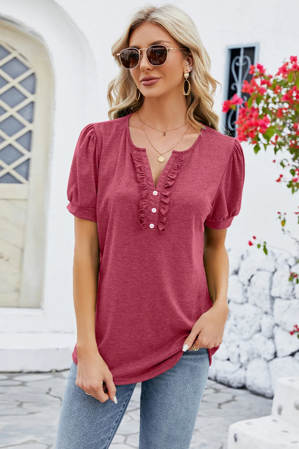 Frill Notched Short Sleeve Blouse - Image 14