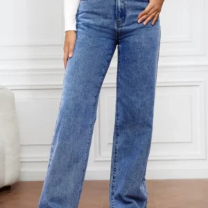 Washed denim fashionable straight leg pants long high waisted jeans pants for women