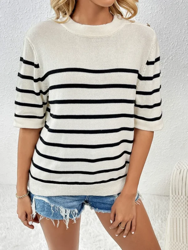 Striped Round Neck Half Sleeve Knit Top - Image 14