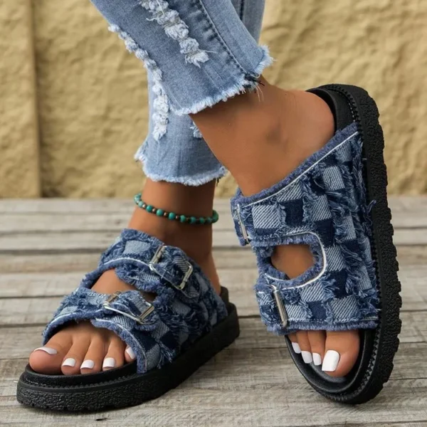 Raw Edge Checkered Cloth Buckle Sandals - Image 2