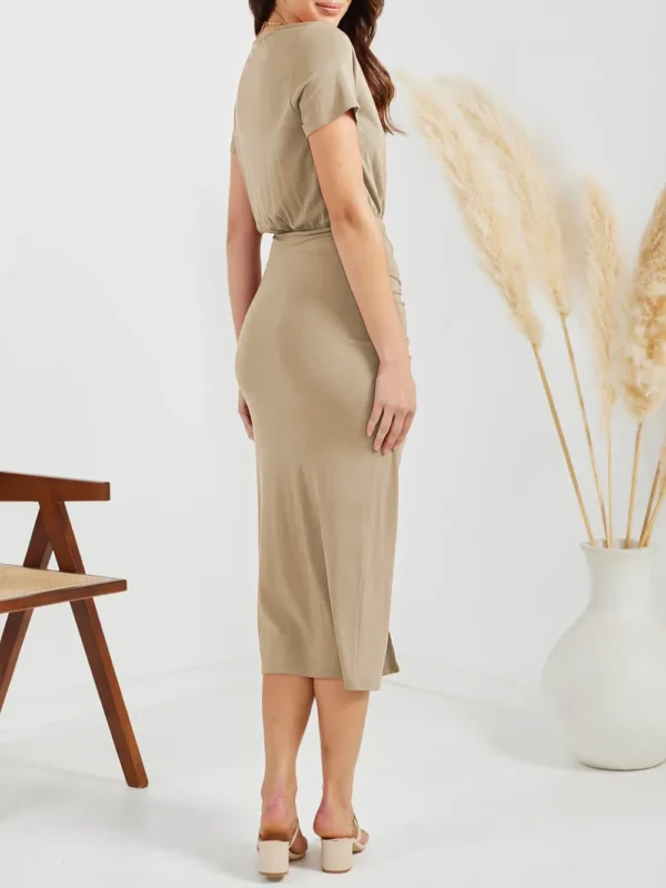 Ruched Slit V-Neck Short Sleeve Dress - Image 17