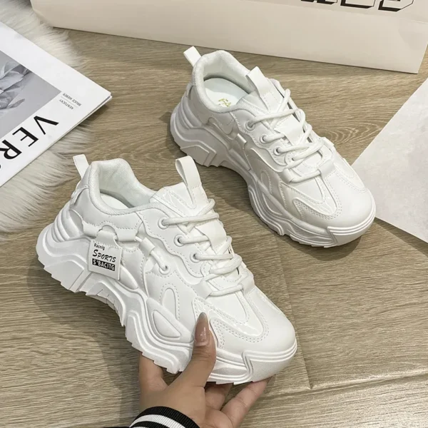Thick soled women's white single shoes Korean version color blocked lace up height for casual running - Image 2