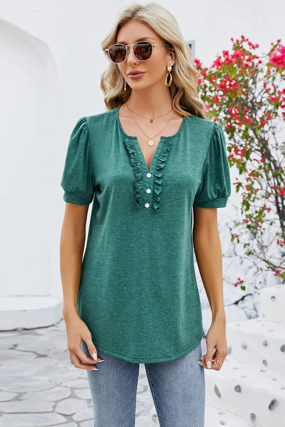 Frill Notched Short Sleeve Blouse - Image 10