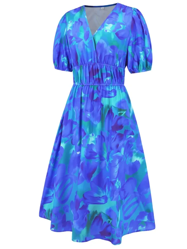 Ruched Printed Surplice Short Sleeve Dress - Image 14
