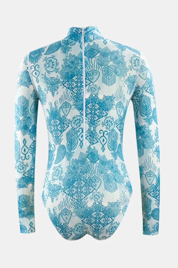Printed Mock Neck Long Sleeve One-Piece Swimwear - Image 7
