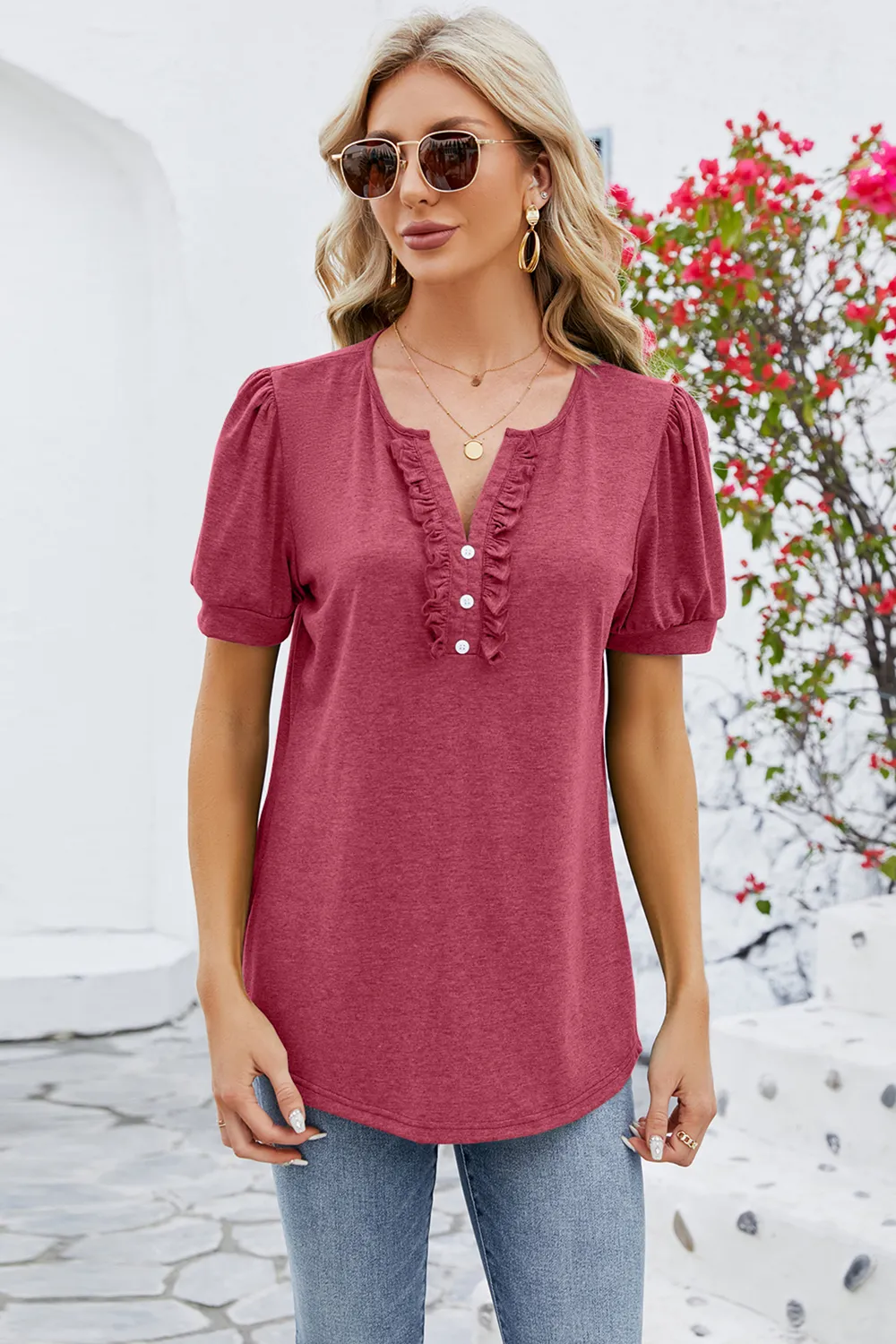 Frill Notched Short Sleeve Blouse - Image 13