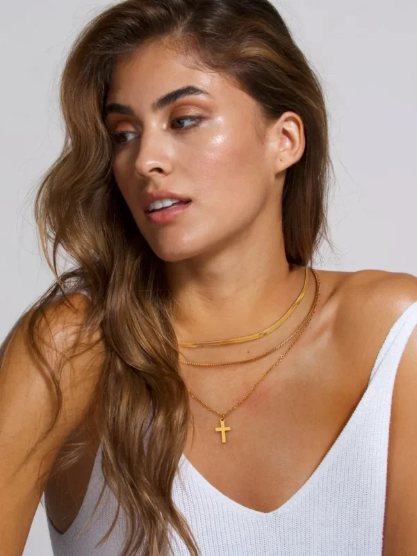 18K Gold-Plated Three-Layered Cross Necklace - Image 11