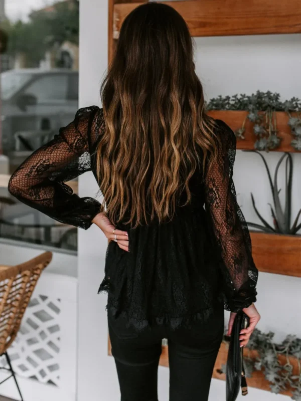 Autumn New Lace Embroidery Splicing Lace Bow Strap Long Sleeve Top - Image 3