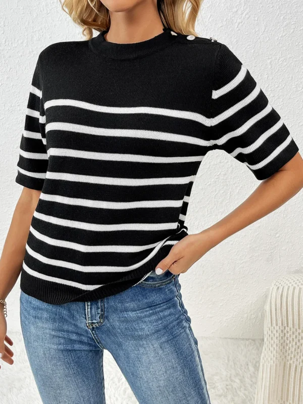 Striped Round Neck Half Sleeve Knit Top - Image 3