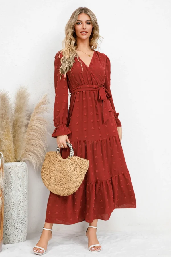 Swiss Dot Tied Surplice Flounce Sleeve Dress - Image 7