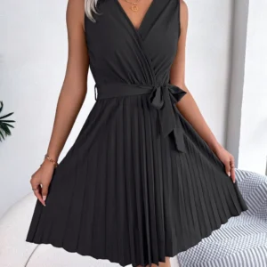 Tied Surplice Sleeveless Pleated Dress