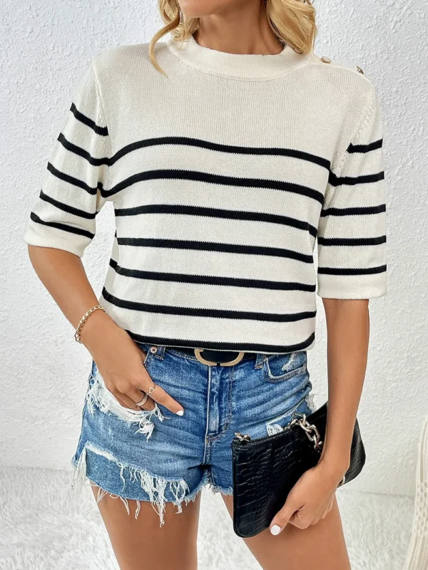 Striped Round Neck Half Sleeve Knit Top - Image 13